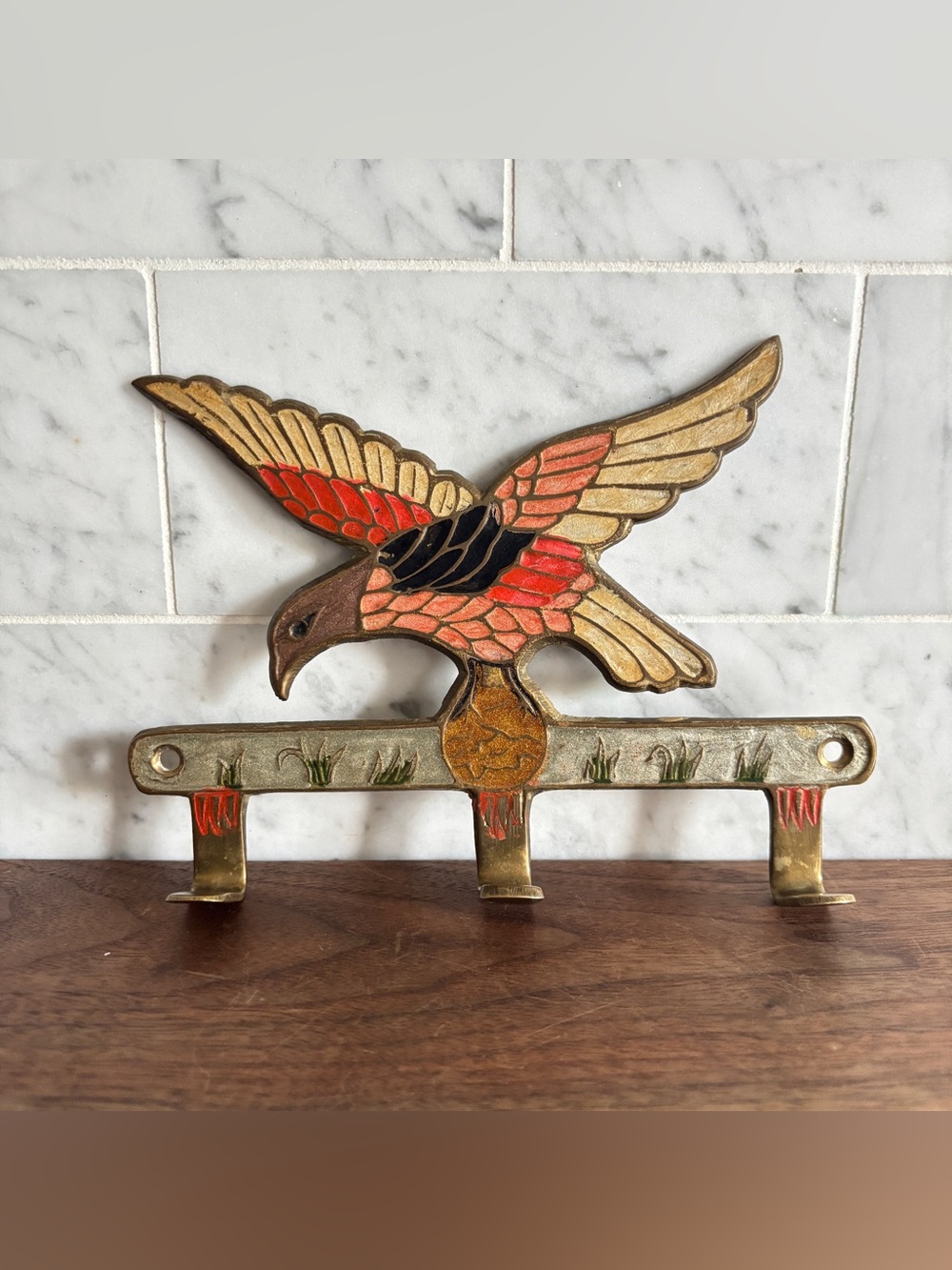 Vintage Enamelled Brass Eagle Wall Mount Key Hook Hanger